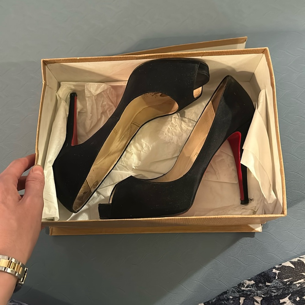 Christian louboutin prive peep toe satin pumps black